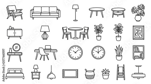 Photos Home Furniture and Decor Line Art Icons Set: Living Room, Bedroom, Office Elemen