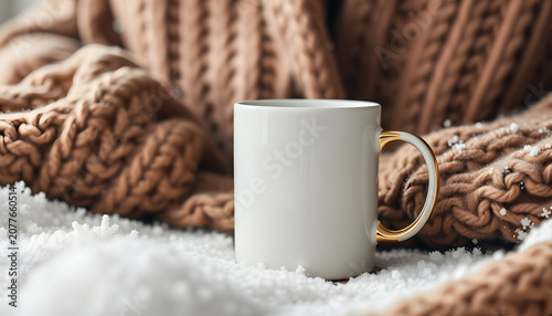 White ceramic coffee cup with black handle mockup on cozy winter background with warm sweaters and copy space for your design. Standard 11 oz mug with golden handle for imprint branding and souvenir