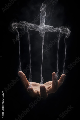 Smoke Puppet Strings Above Open Human Hand
