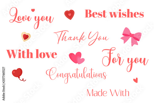 Set of romantic sticker elements with lettering, flowers, hearts, ribbons, bows. Good for greeting cards, planners, scrapbooking, Valentine's Day, wedding stationery, packaging and social media design