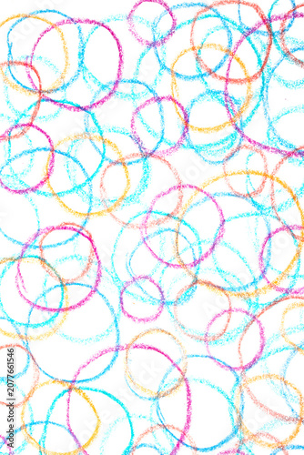 Colour crayon pencil hand drawn circle lines on white background