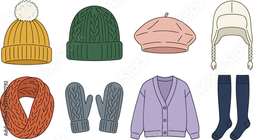 Winter Clothing Collection with Knit Beanies, Beret, Earflap Hat, Scarf, Mittens, Cardigan, Socks, and Cozy Apparel Vector Set