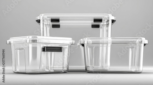 Set of transparent plastic storage containers with black locking lids. Stackable and modular design for organized kitchen food storage or pantry organization.