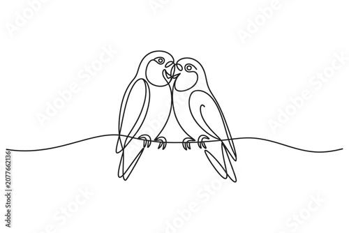 Fotografia Continuous line art drawing of two lovebirds sitting together with lovebirds, mi