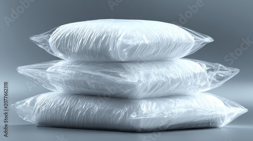 Stack of neatly folded white towels or linens wrapped in clear plastic packaging. Minimalist studio shot on a white table against a gray background, emphasizing cleanliness and hygiene.