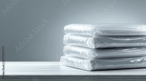 Stack of neatly folded white towels or linens wrapped in clear plastic packaging. Minimalist studio shot on a white table against a gray background, emphasizing cleanliness and hygiene.