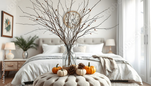 Vase with tree branches, pumpkins and fir cone on pouf in bedroom, one line art. White tone