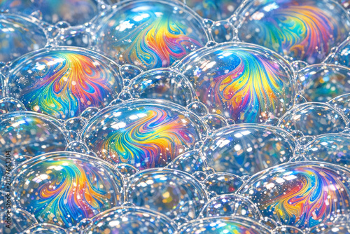 Bubbles with vibrant colors forming patterns against a light background.