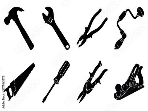 Фотография Essential hand tools vector silhouettes set featuring hammer wrench pliers manua