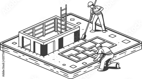 Construction worker studying detailed foundation blueprint at site, cad foundation layout