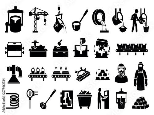 Obraz na płótnie Foundry operations and molten iron casting vector icons set featuring metal pour
