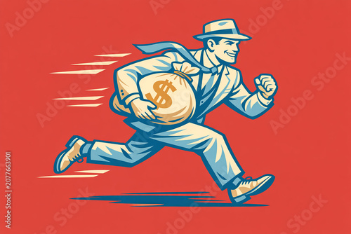 Stylized illustration of thief running with money bag.