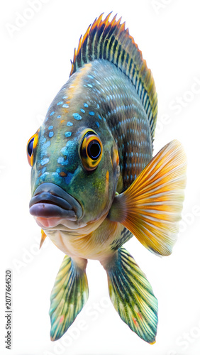 Vibrant Blue and Green Cichlid Fish Isolated on White Background Close Up