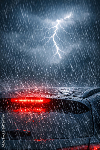 A car's rear view at night during a storm, illuminated by lightning strikes and the glow of its taillights.