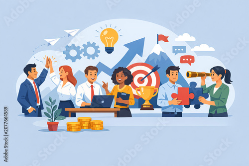 Illustration of professionals engaged in a collaborative discussion during a business meeting.