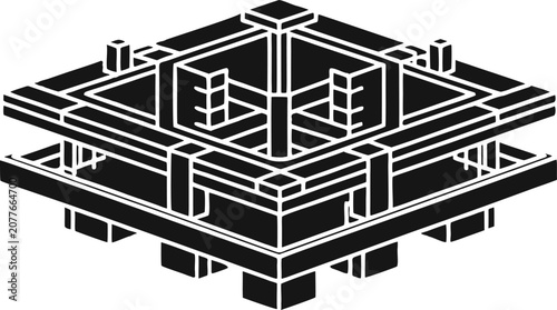 Detailed cad plan of a multi-story building foundation layout, grayscale structural layout