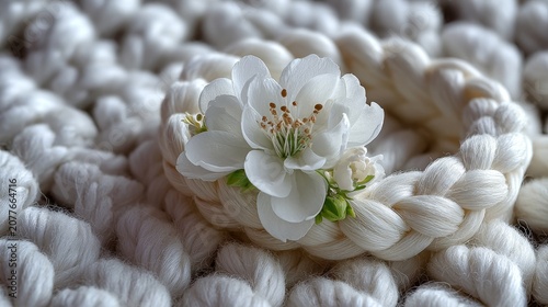 White spring flower wreath woven from straw and green leaves on a textured off-white fabric. Rustic floral decoration for Easter, wedding, or summer holiday celebration.