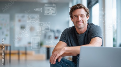 Smiling man with laptop and digital icons
