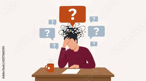Fotografía Illustration of a stressed person thinking, surrounded by question marks