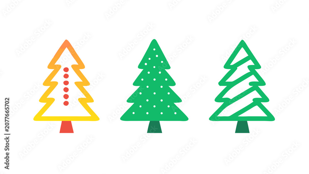 Fototapeta premium Graphic set of three stylized pine trees for christmas design with christmas decoration illustration seasonal celebration evergreen isolated collection minimalist abstract