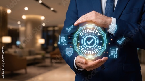 Quality Certification Badge Held by Businessman Hands with Glowing Holographic Compliance Seal, Digital Verification Icons, Audit Assurance and Quality Management Concept in Modern Corporate Office