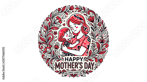 Canvastavla Happy Mother's Day Illustration: Mother Embracing Daughter Amidst Floral Wreath