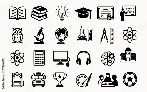 Collection of black flat icons representing education science and recreation learning research technology school university
