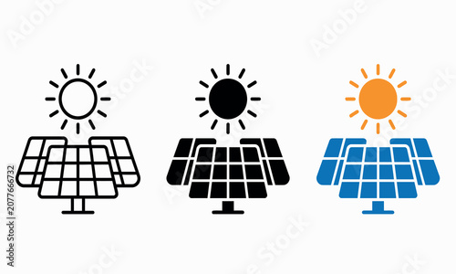 Solar panel and sun icons in three color variations flat vector style photovoltaic icon symbol