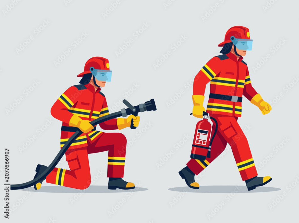 Fototapeta premium Flat Vector Illustration of Firefighters with Hose and Extinguisher