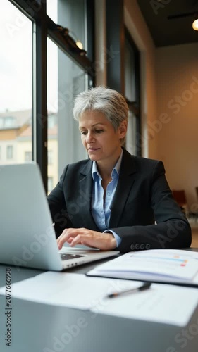 Confident mature businesswoman in a formal suit working on her laptop at a contemporary office desk, analyzing financial documents. Concept of leadership, management, and corporate success.