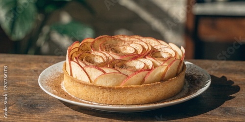 Apple tart with thin slices arranged like a bouquet of roses, golden crust, dusting of cinnamon.