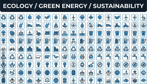 Foto Large matrix of square blue environmental signs depicting alternative resources
