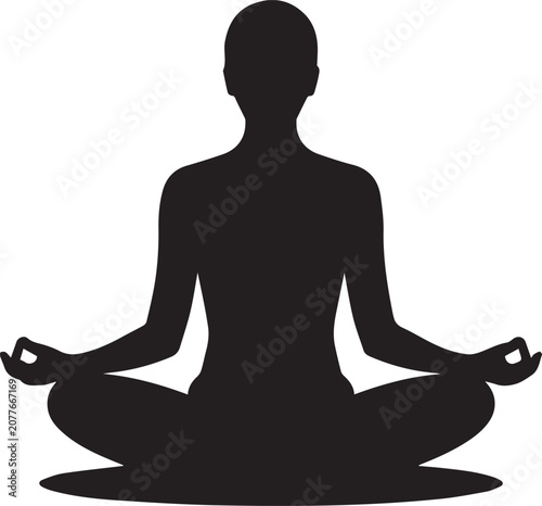 Black silhouette of a person meditating in lotus position on dark background, meditation yoga pose