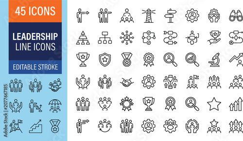 Foto Leadership line icon set with editable stroke featuring corporate guidance busin