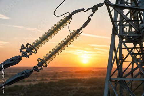 High voltage insulators on transmission tower at sunset