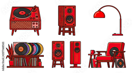 фотографія Retro Red Audio Equipment and Furniture Set - Vintage Music Vibes