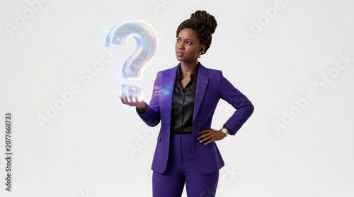 Woman in purple suit holds glowing question mark confidently standing indoors