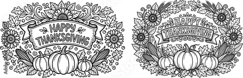 Happy thanksgiving coloring page illustrations
