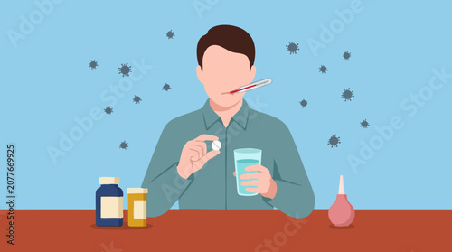 Obraz na plátně Sick man with thermometer taking medicine for fever and virus infection