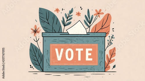 Election voting box with ballot paper and floral decoration