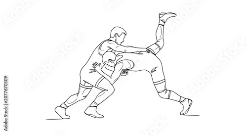 Fotografie Wrestling Match: Two Athletes Grappling in Dynamic Pose, Line Art Illustration
