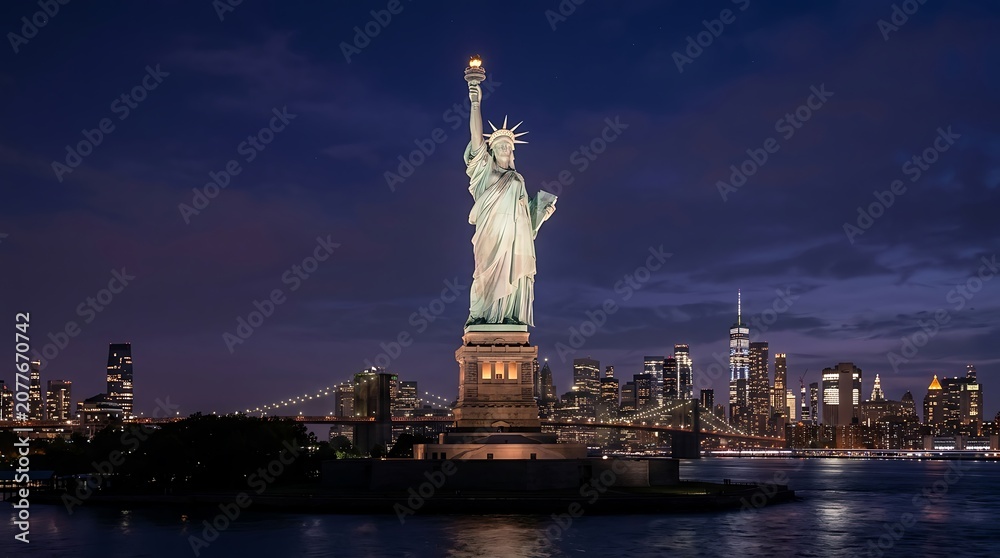 Fototapeta premium A night view of the statue of liberty illuminated against a dark blue twilight sky with the distant new york city skyline glowing in the background