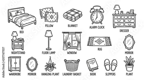 Bild auf Leinwand Hand-drawn Bedroom Furniture and Accessories Collection - Vector Illustration