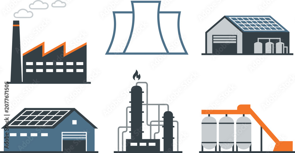 Obraz premium Energy Production and Industrial Facility Icon Set with Power Plant Solar Infrastructure Refinery Manufacturing and Sustainable Engineering Vector Collection