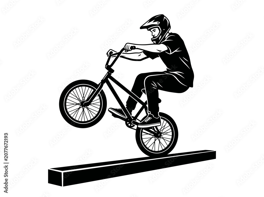 Obraz premium BMX rider performing a trick on a grind rail with a helmet and protective gear, black and white illustration Silhouette