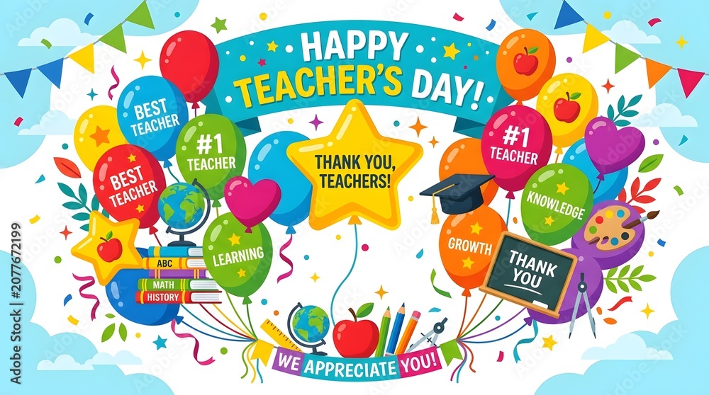 Naklejka premium Happy Teachers Day Celebration Banner with Colorful Balloons, School Supplies and Thank You Teacher Message