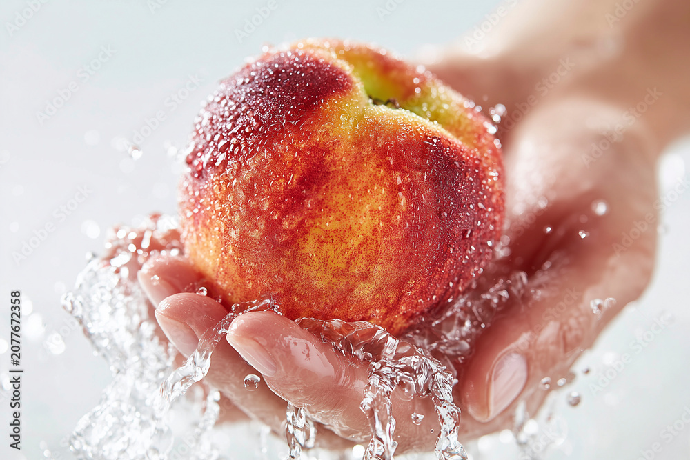Fototapeta premium Hand Washing Peach with Water Splash