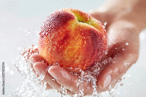 Hand Washing Peach with Water Splash