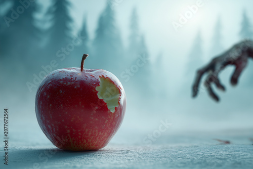 Bitten Apple with Zombie Hand Horror Scene