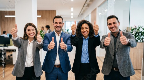Diverse business team giving thumbs up, office success, happy employees, corporate culture